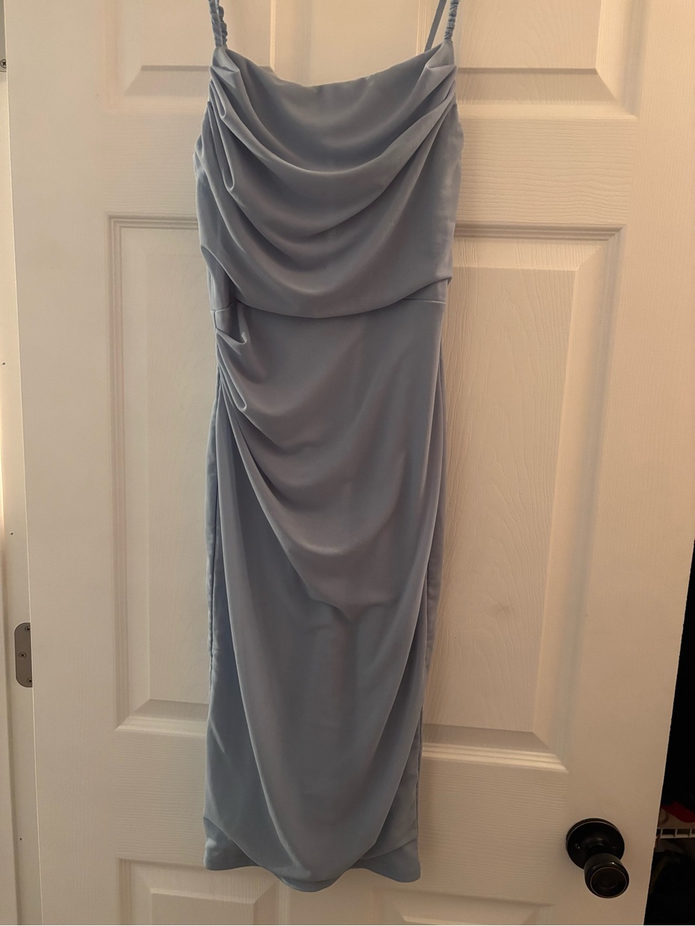 Satin Draped Midi Slip Dress in Soft Blue